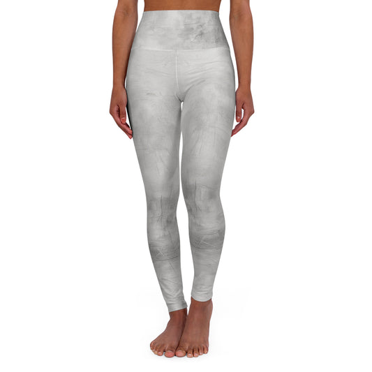 Gray tie-dye high-waisted yoga leggings with all-over print, designed for comfortable everyday fitness wear by Printify.