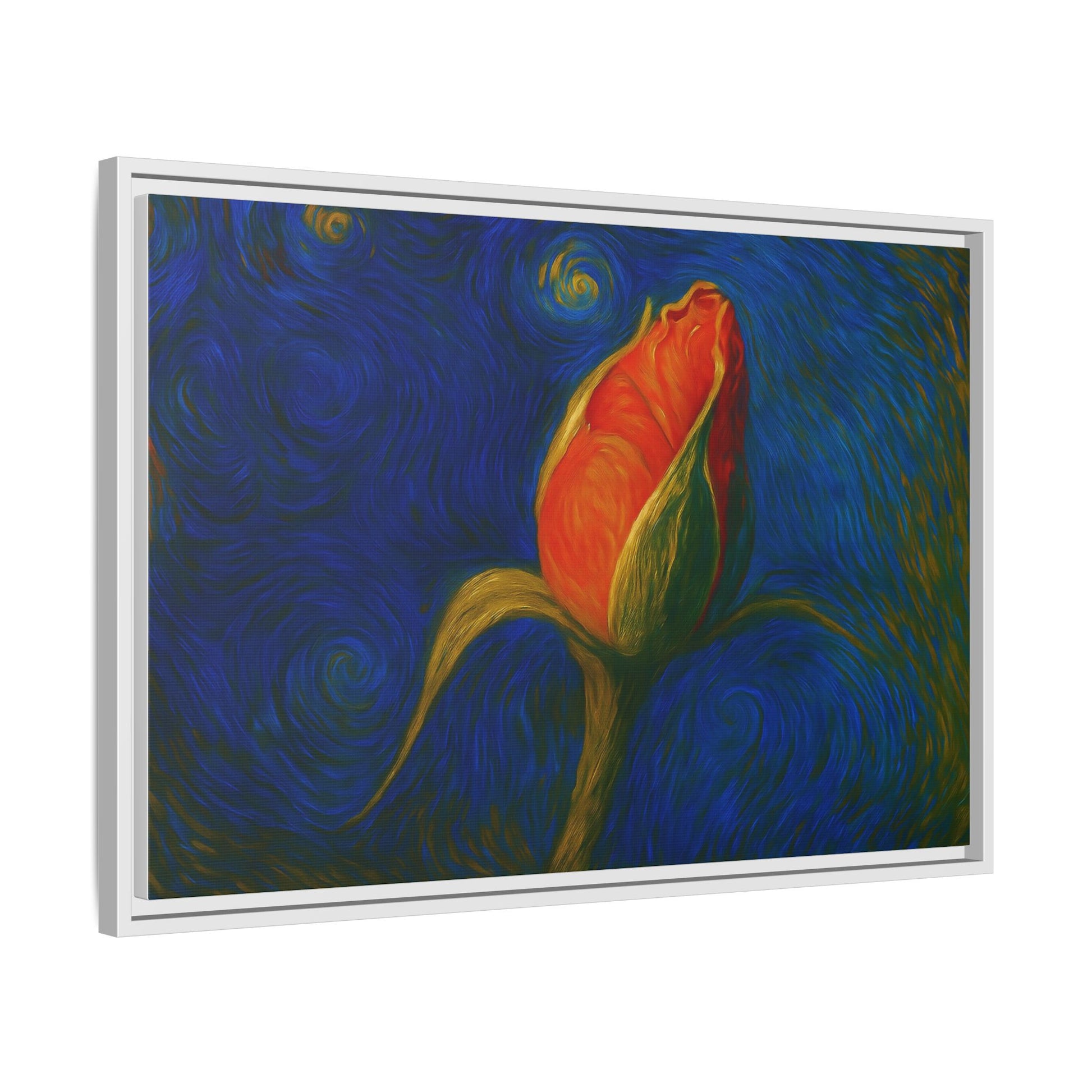 Red rose bud painting on canvas framed wall art by Printify, featuring a vibrant floral design for home decor.