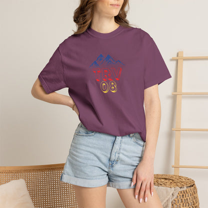 Unisex garment-dyed T-shirt with TRV08 Logo print, made by Printify, shown in a casual, relaxed fit style.