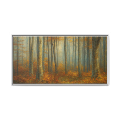 Framed autumn forest canvas print by Printify featuring misty woodland scene, ideal wall art for nature-inspired decor.