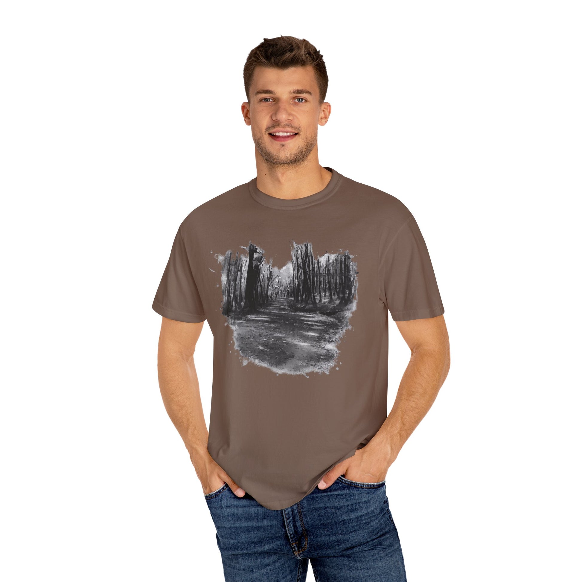 Artistic Forest Scene T-shirt | Nature Lover Gift, Outdoor Adventure Tee, Eco-Friendly Fashion, Vintage Inspired Clothing, Unisex Gift - TRV