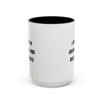 White ceramic coffee mug with black text saying "I Run on Coffee and Deadlines" from Printify, shown with a plain background.
