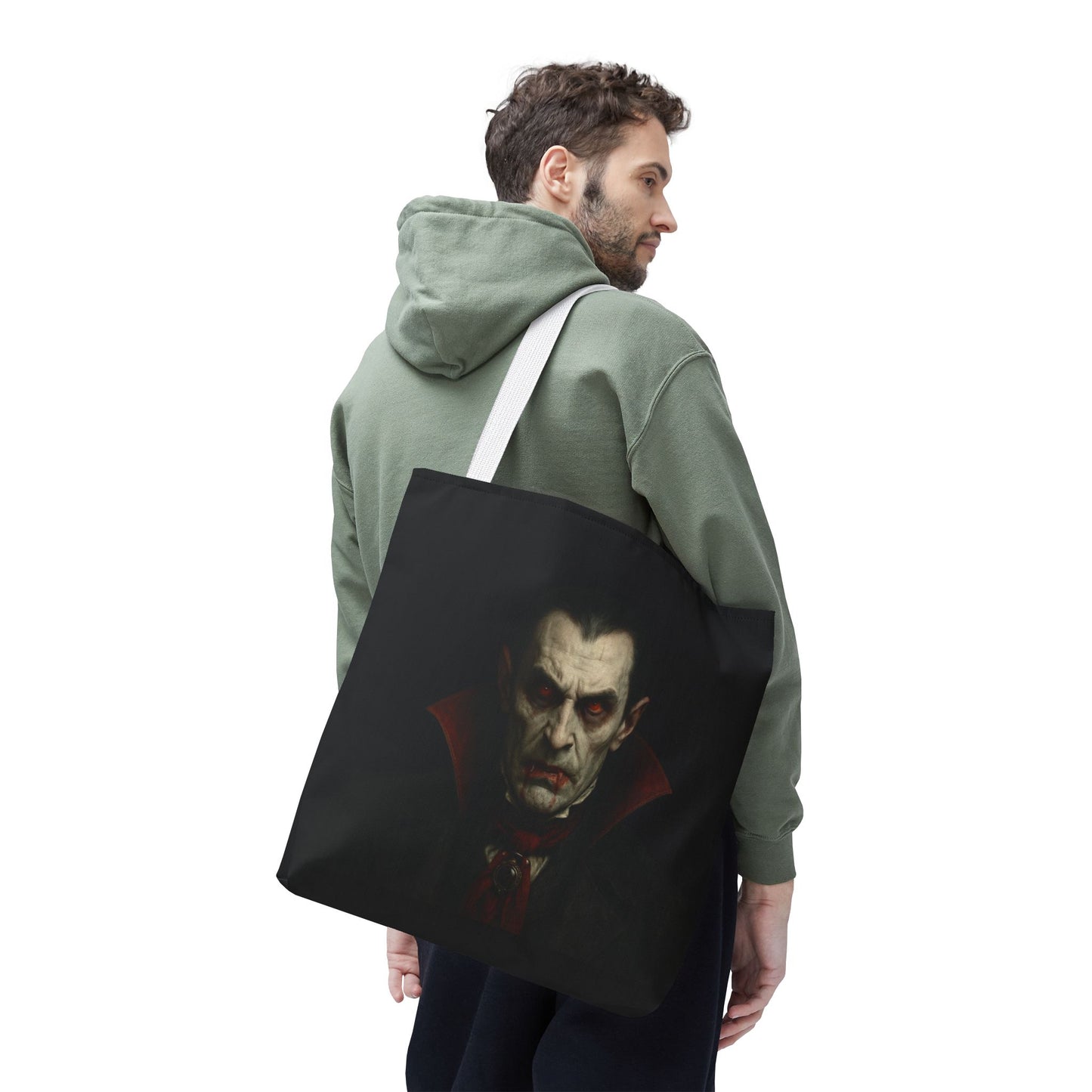 Black vampire tote bag with spooky gothic design, perfect for Halloween accessories, from Printify.
