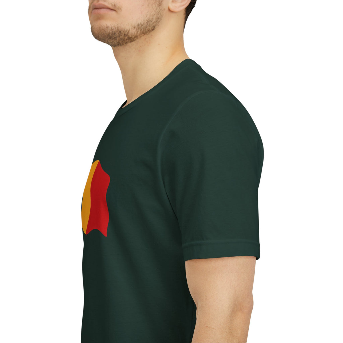 Romania flag T-shirt by Printify featuring a minimal waving tricolor design on a casual clothing tee.