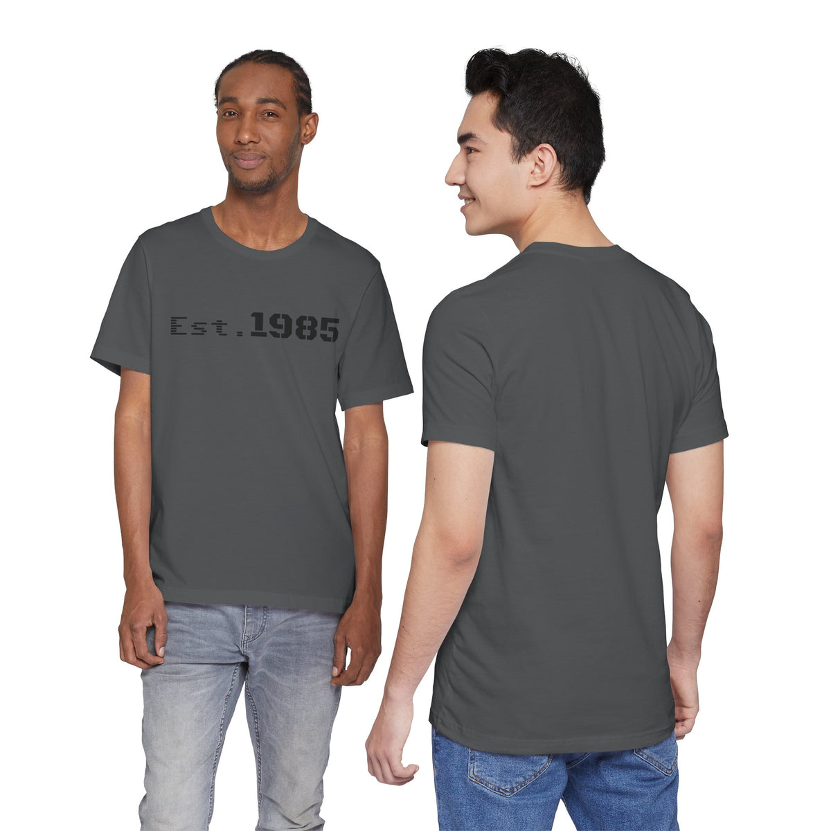 Vintage Est. 1985 graphic T-shirt by Printify featuring a retro design and classic style, shown in a front view.