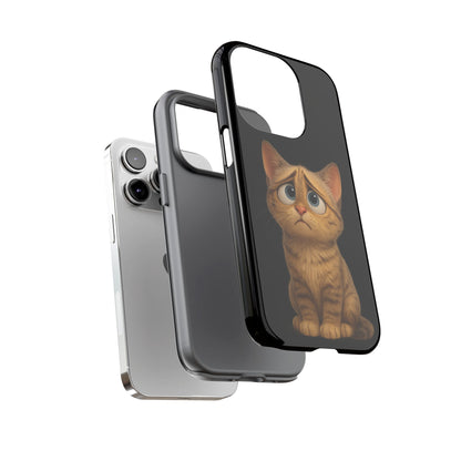 Cute sad kitty design on Printify iPhone phone case, protecting your device with a playful cat illustration.