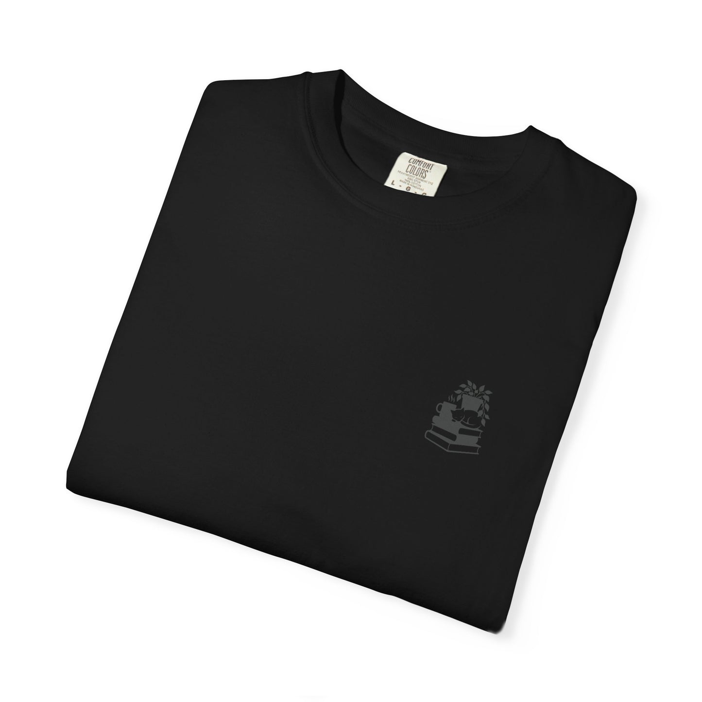 Cozy Cat on Books T-Shirt | Reading Tea Stack Illustration