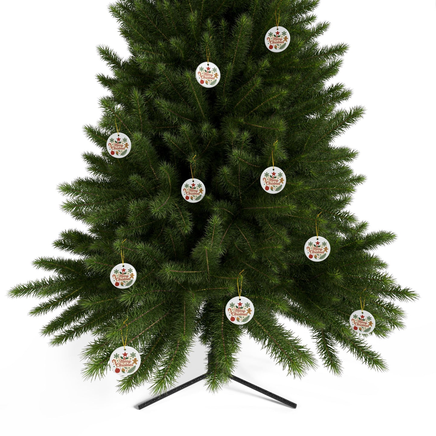Double-sided Merry Christmas ceramic ornament featuring gingerbread and candy cane holiday tree designs, perfect for festive decorating.
