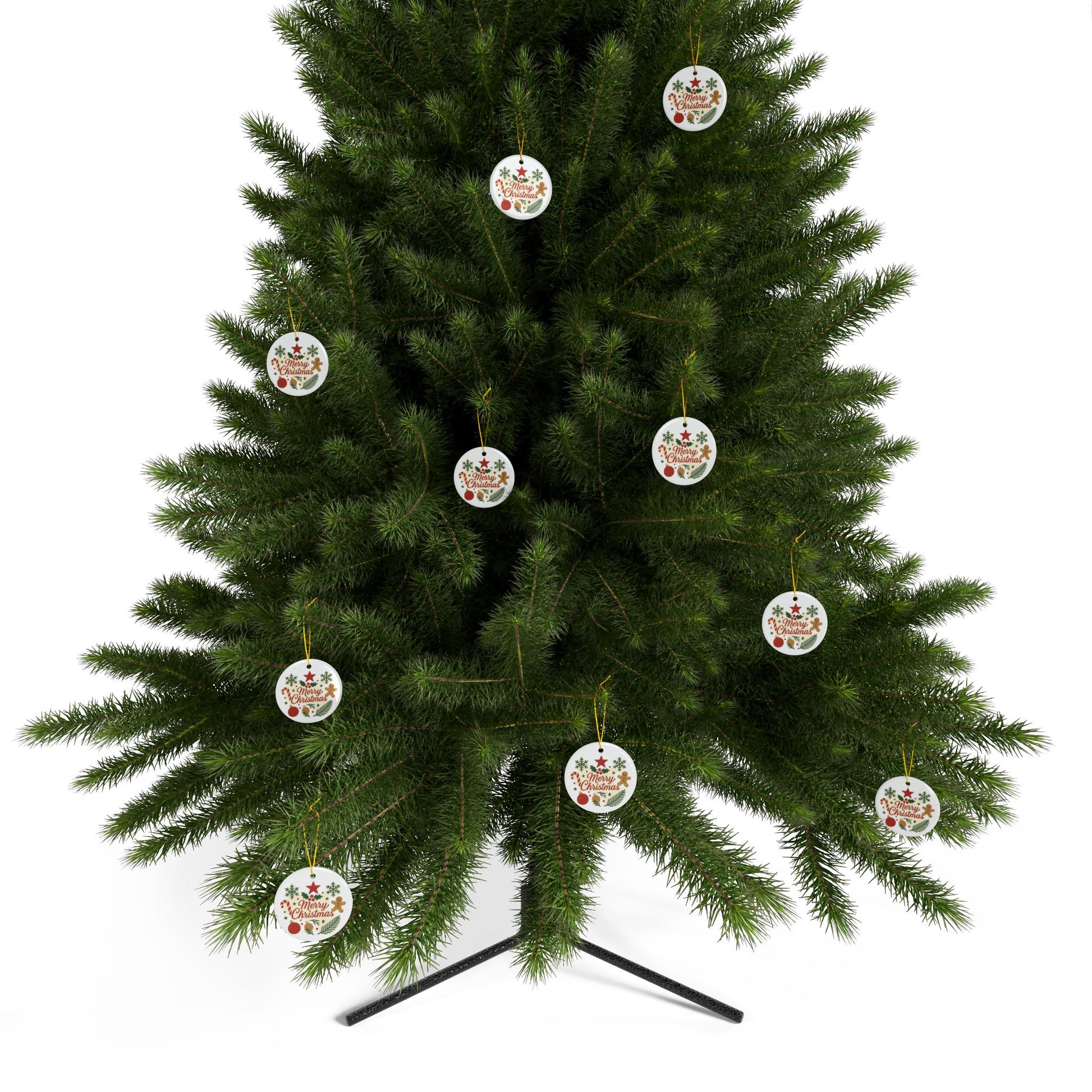 Double-sided Merry Christmas ceramic ornament featuring gingerbread and candy cane holiday tree designs, perfect for festive decorating.