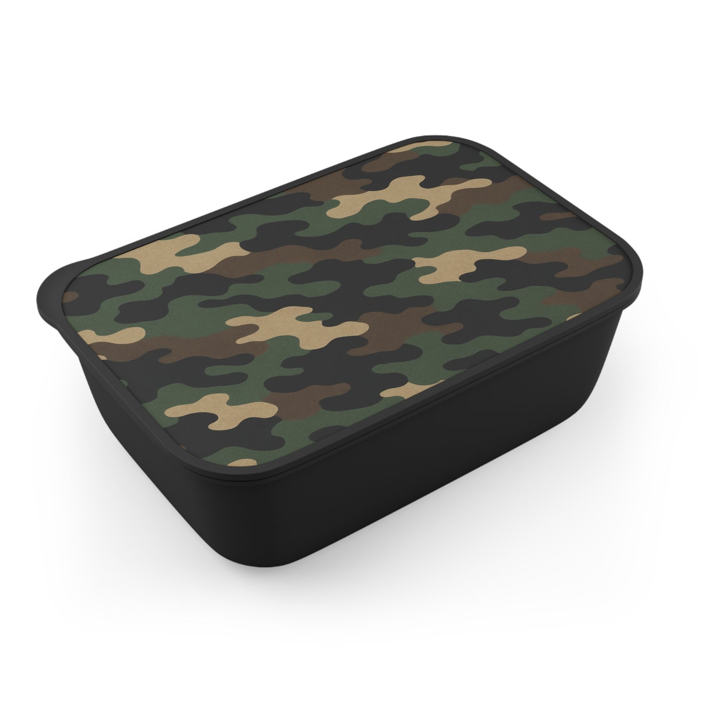 Camouflage PLA bento box with band and utensils, eco-friendly lunch container, accessories by Printify, suitable for packed meals.