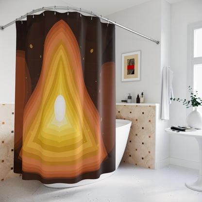 Layered flame geode shower curtain with abstract warm tones, featuring fiery orange and red hues and intricate stone-like patterns.