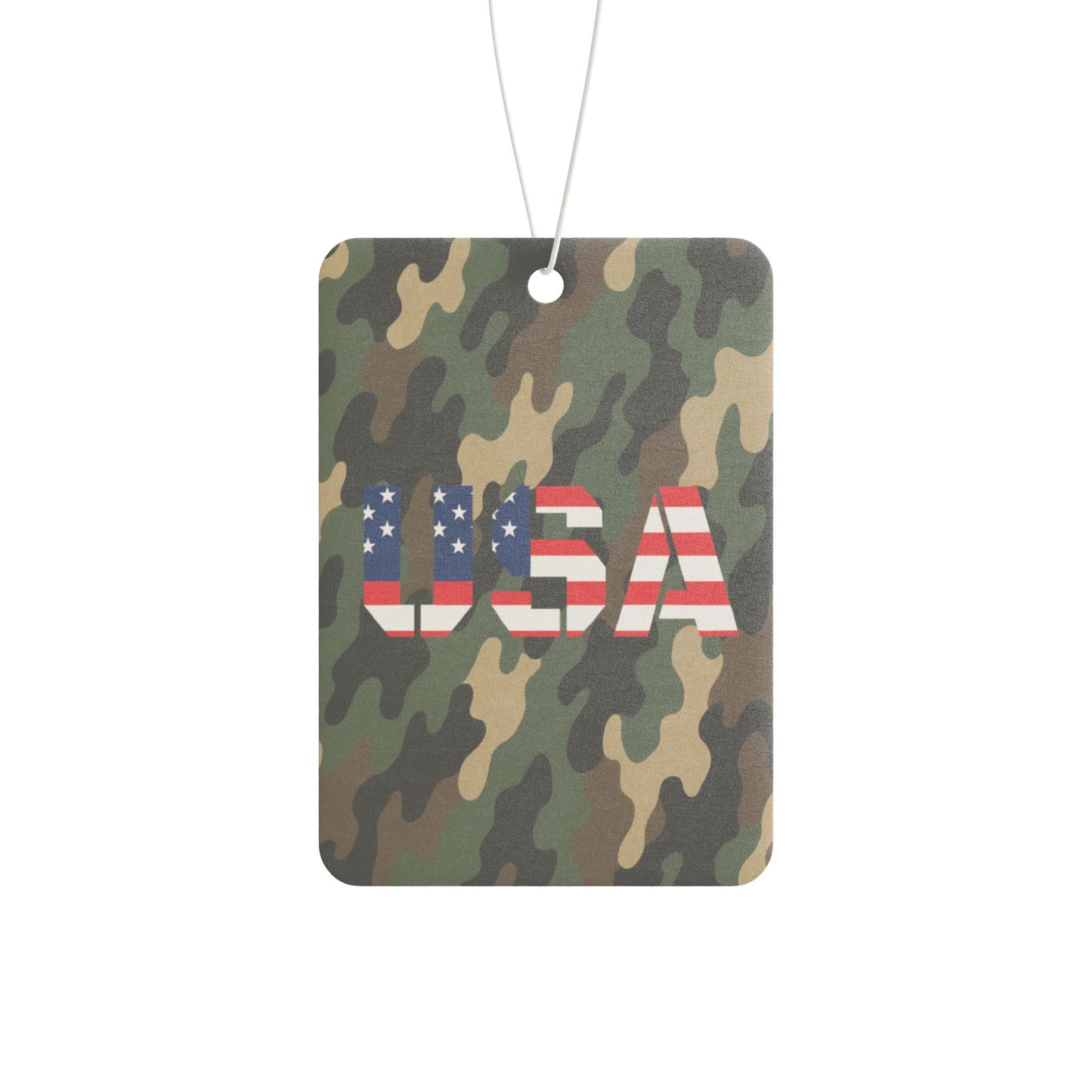 USA Camo Car Air Freshener by Printify, patriotic accessory featuring a camouflage design, ideal for veteran gift or car decor.