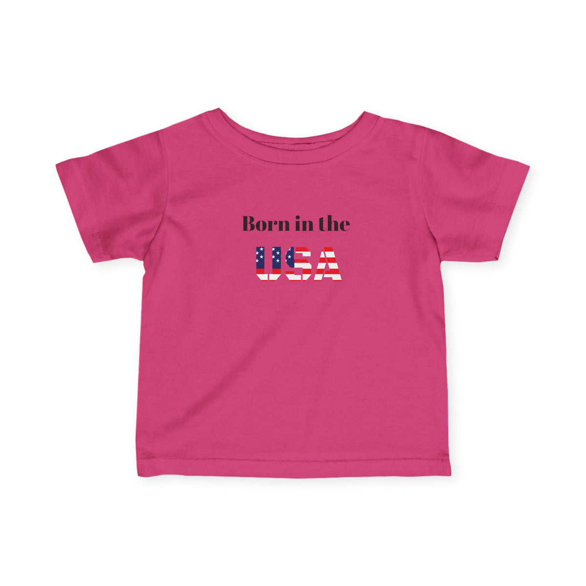 Baby infant tee from Printify featuring "Born in the USA" patriotic design, casual kids' clothing with red, white, and blue colors.
