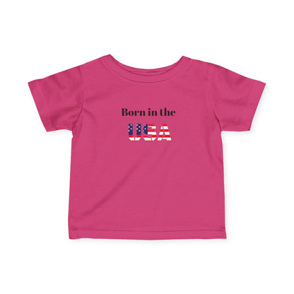 Baby infant tee from Printify featuring "Born in the USA" patriotic design, casual kids' clothing with red, white, and blue colors.