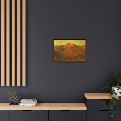 Autumn mountain scene printed on matte canvas framed wall art by Printify, featuring vibrant fall foliage and scenic mountain views.