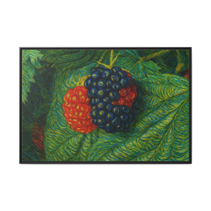 Blackberry still life framed canvas print by Printify featuring a detailed image of ripe blackberries in a natural setting.