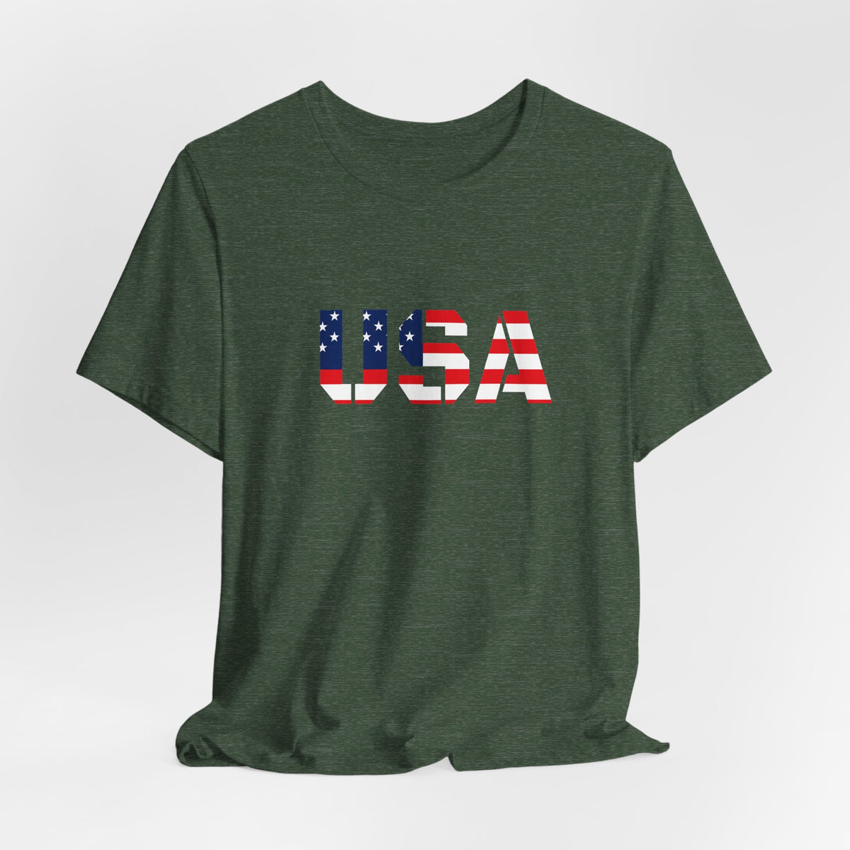 Red, white, and blue USA flag text T-shirt by Printify featuring patriotic Fourth of July design, casual cotton tee.