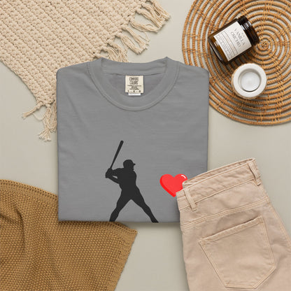 White baseball batter heart T-shirt by Printify featuring a graphic of a player swinging a bat on the front.