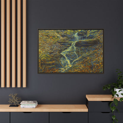 Framed matte canvas wall art of an autumn forest with a waterfall, showcasing vibrant fall colors and natural scenery.