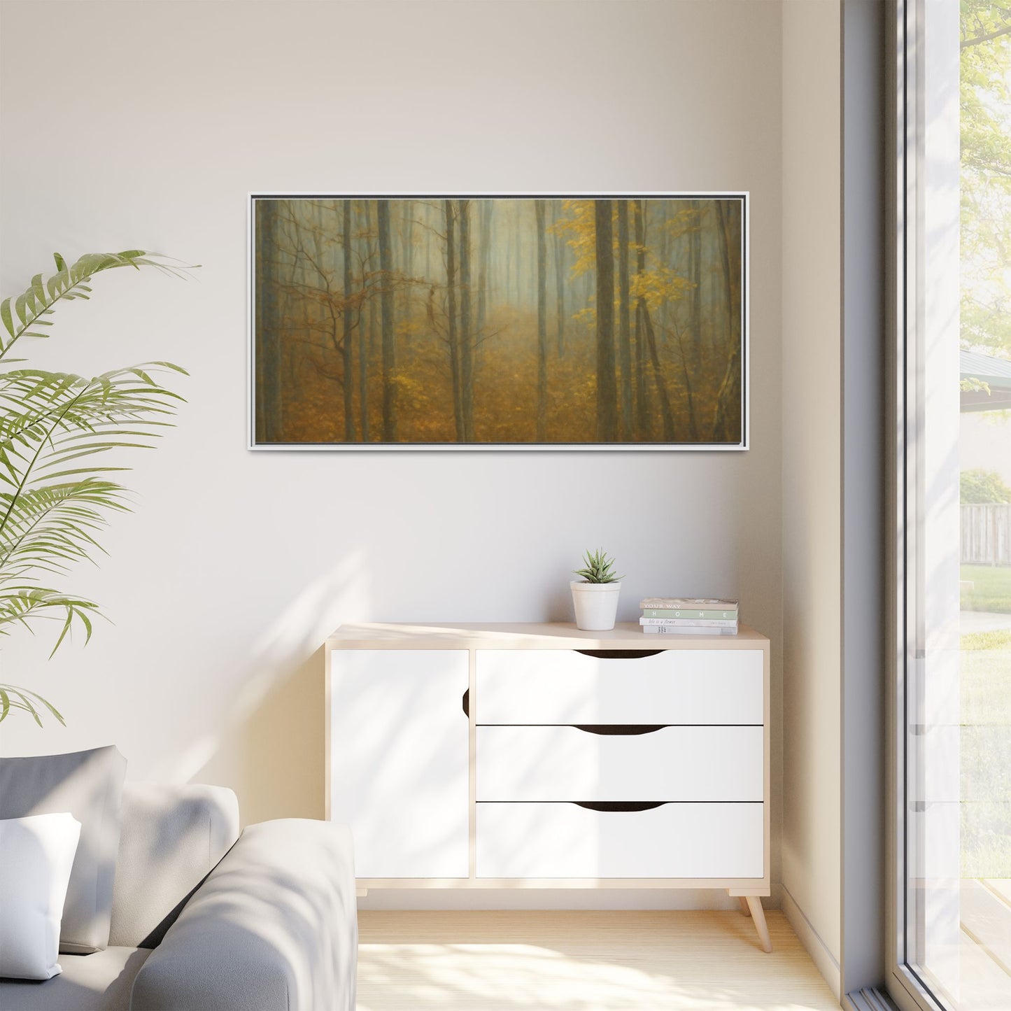 Framed matte canvas print of misty autumn forest wall art by Printify, showing a serene forest scene with fall foliage.