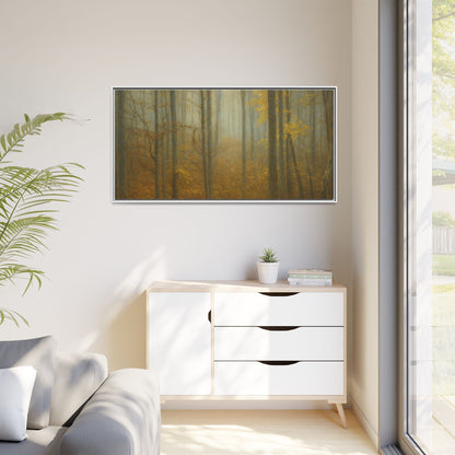 Framed matte canvas print of misty autumn forest wall art by Printify, showing a serene forest scene with fall foliage.