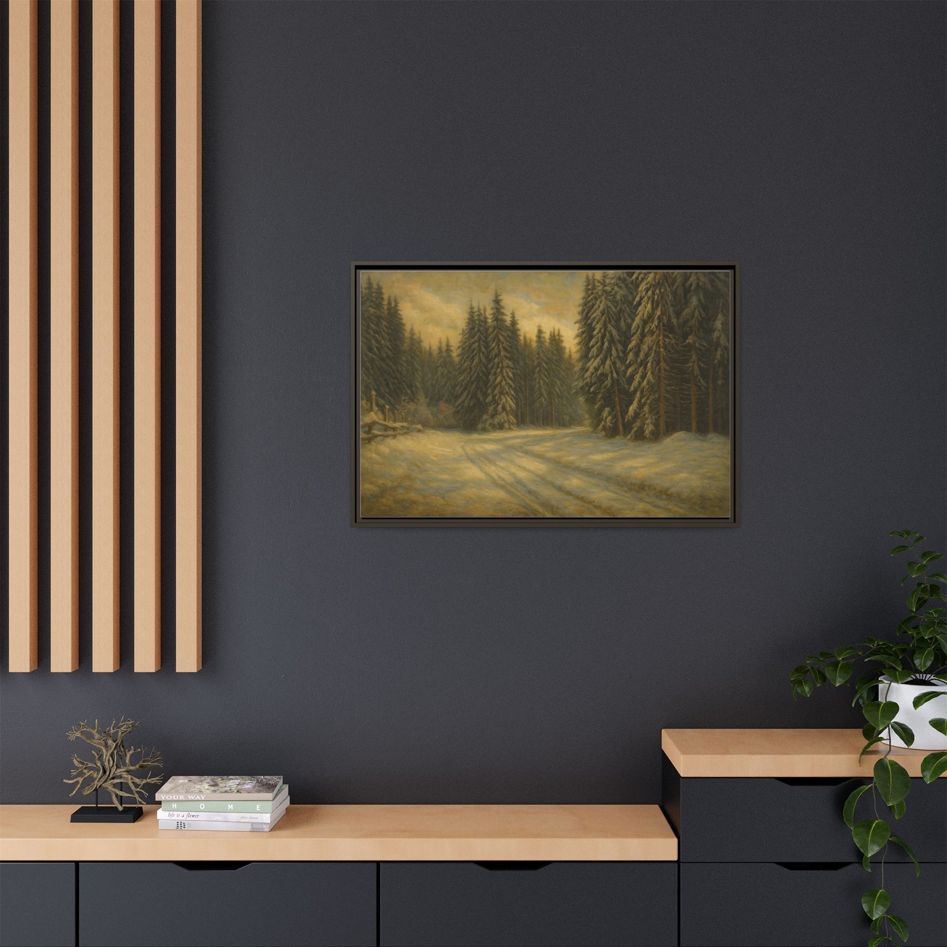 Framed matte canvas wall art featuring a winter forest landscape, depicting snow-covered trees and tranquil winter scenery.