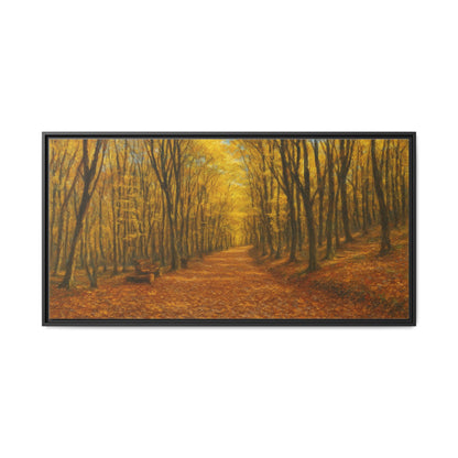 Autumn forest path matte canvas wall art by Printify showing a scenic woodland trail with colorful fall foliage.