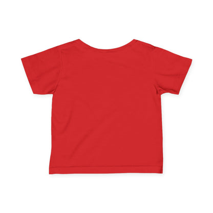 Baby boy wearing a USA flag block print infant tee, soft cotton kids shirt by Printify, featuring patriotic flag design.
