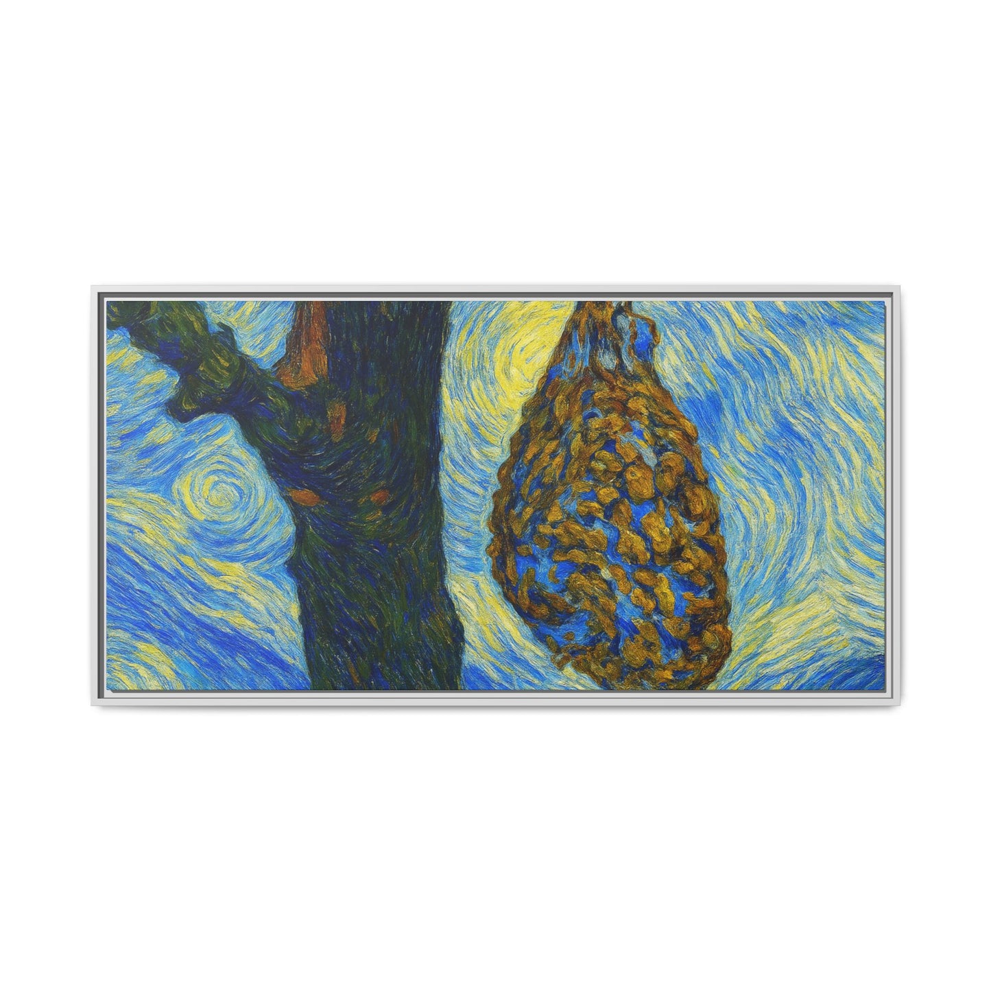 Framed matte canvas art of a starry nut cluster with dried plum in a tree, by Printify, showcasing detailed botanical imagery.