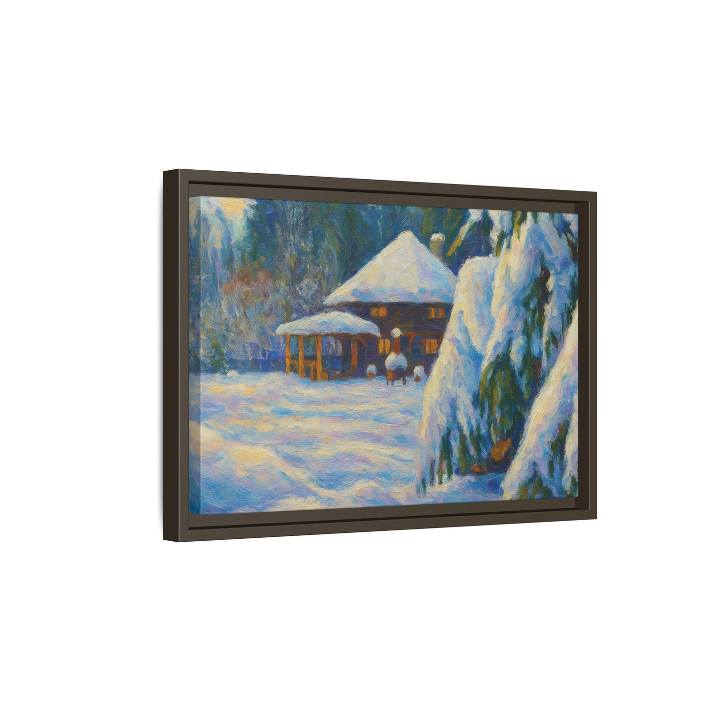 Framed matte canvas wall art of a snowy cabin winter landscape, featuring a cozy cabin surrounded by snow-covered trees.