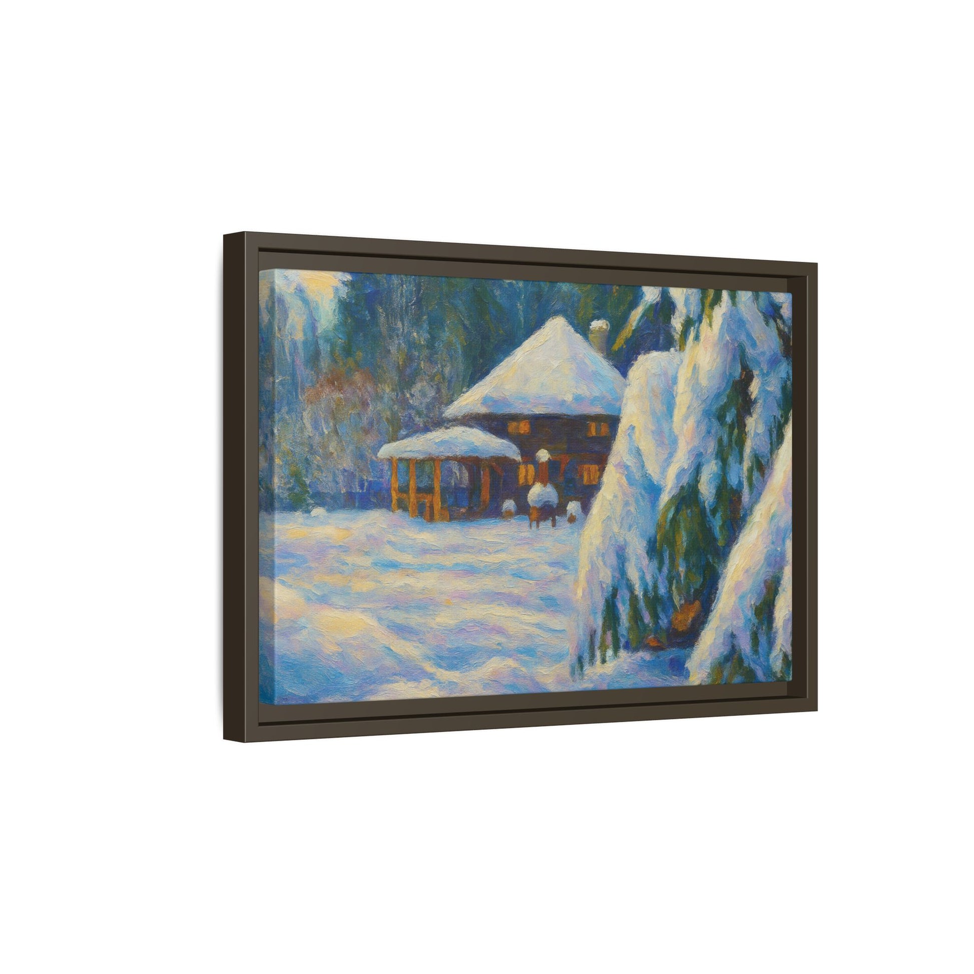 Framed matte canvas wall art of a snowy cabin winter landscape, featuring a cozy cabin surrounded by snow-covered trees.