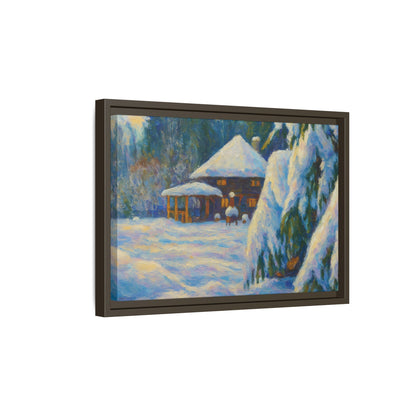 Framed matte canvas wall art of a snowy cabin winter landscape, featuring a cozy cabin surrounded by snow-covered trees.