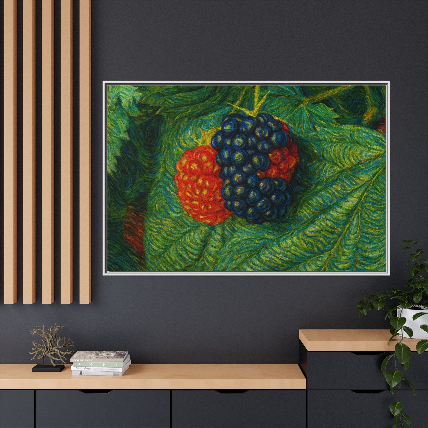 Blackberry still life framed canvas print by Printify, featuring realistic blackberries in a detailed, artistic design.