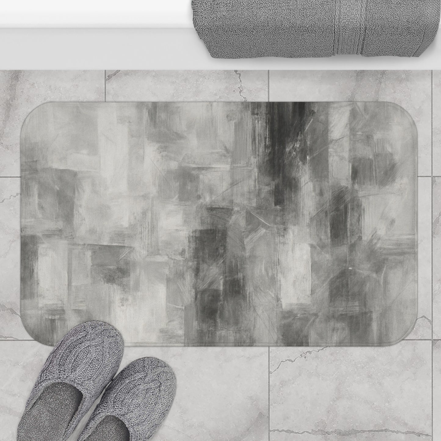 Gray abstract print bath rug by Printify, soft luxury modern bathroom rug with plush texture and stylish design.