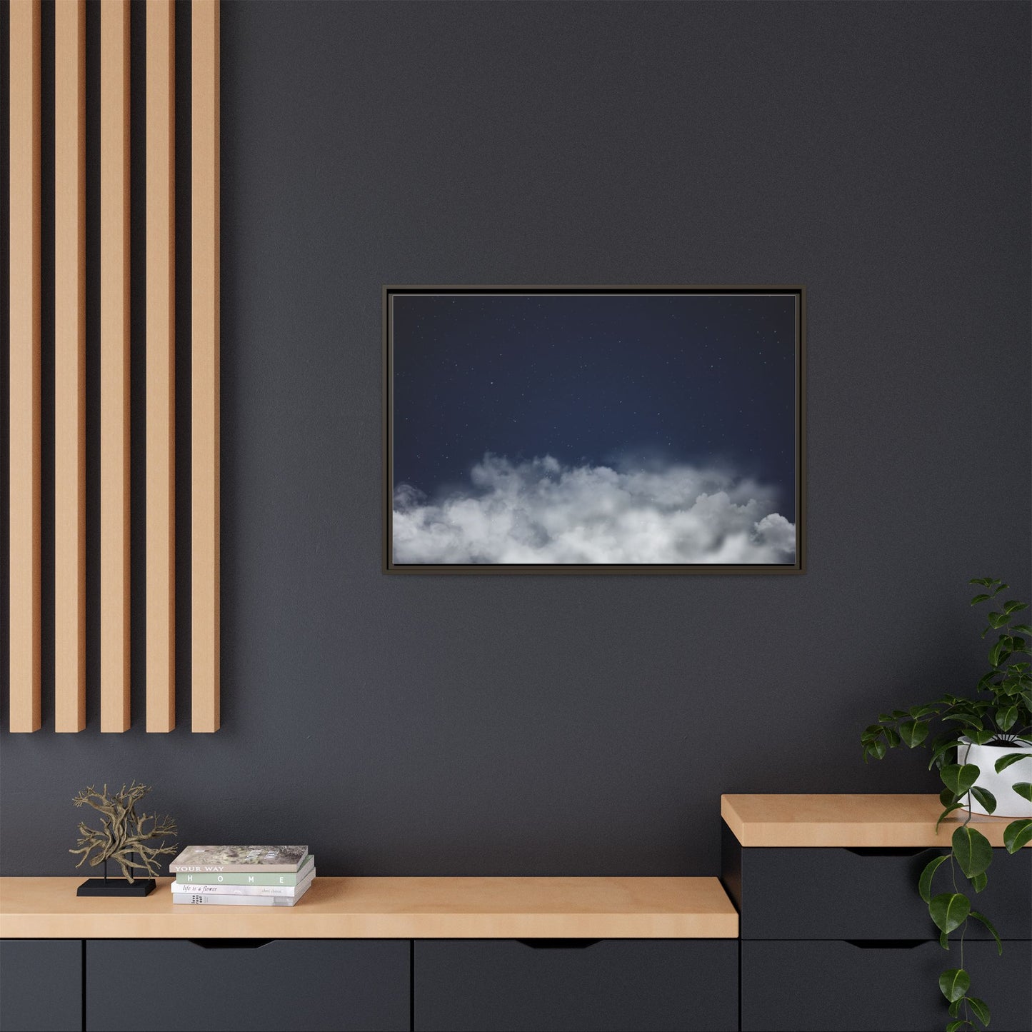 Night Sky Clouds matte canvas framed wall art by Printify featuring a starry night sky with clouds and a serene celestial scene.