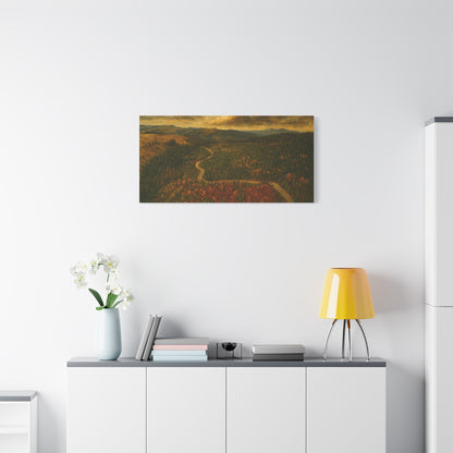 Autumn Ridge Road matte stretched canvas depicting a moody forest landscape wall art by Printify.