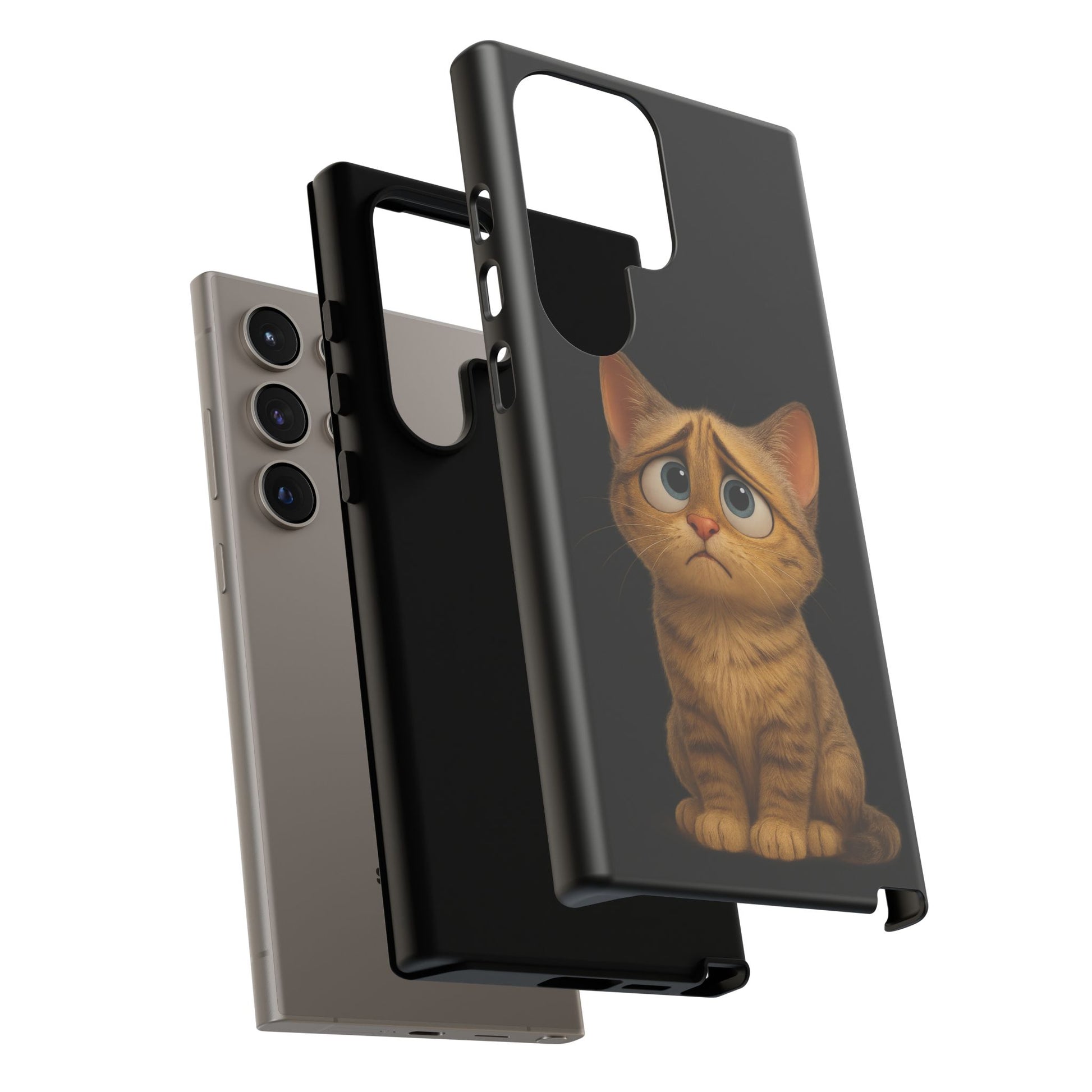 Cute sad kitty design phone case for iPhone, protective cat-themed iPhone case by Printify featuring a sad kitten illustration.