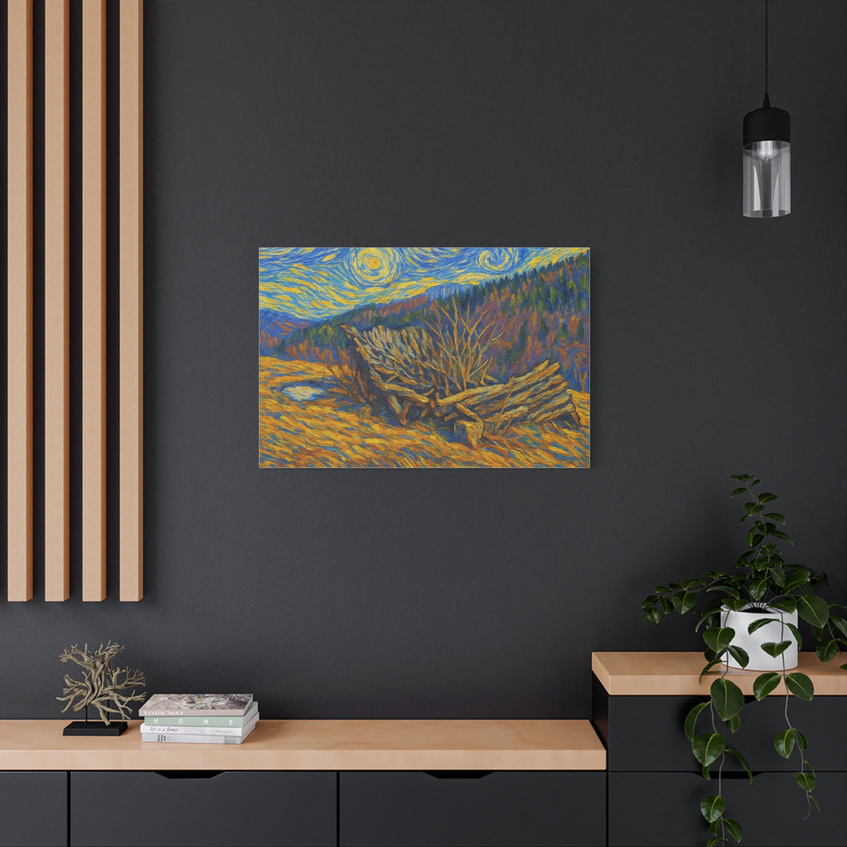 Impressionist Starry Landscape canvas print by Printify, featuring a vibrant night sky scene with stars and scenic landscape.