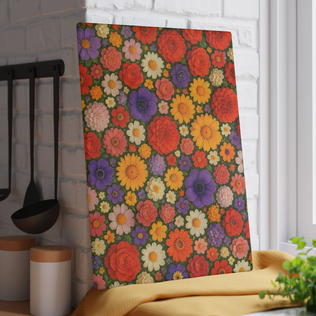 Floral Glass Cutting Board – Colorful Retro Flower Pattern Kitchen Board