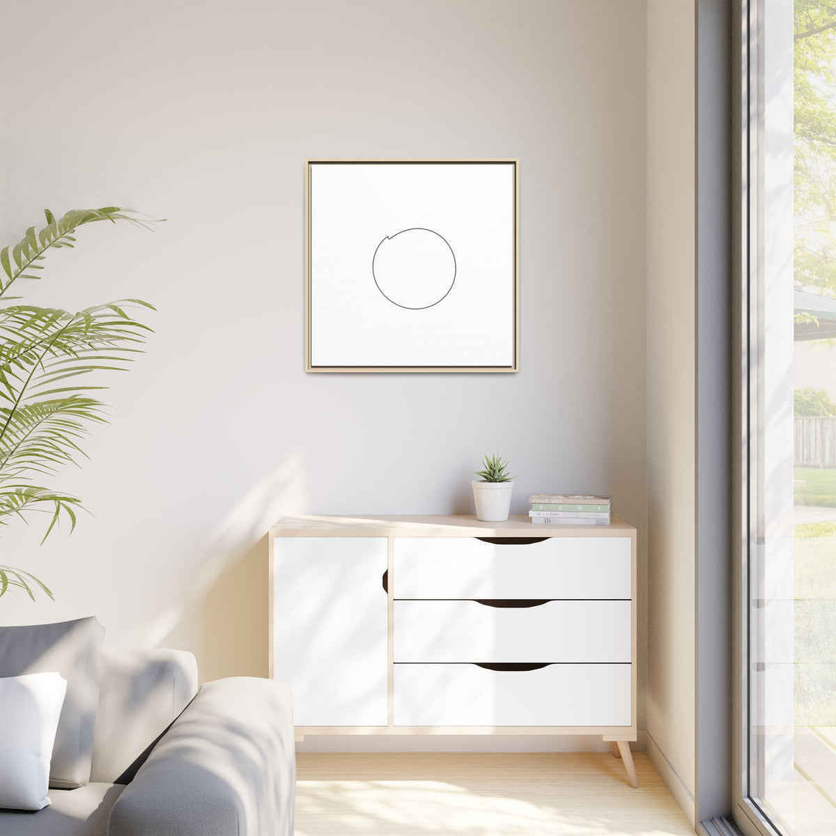 Framed matte canvas wall art featuring a minimal circular line design, designed by Printify for modern home decor.