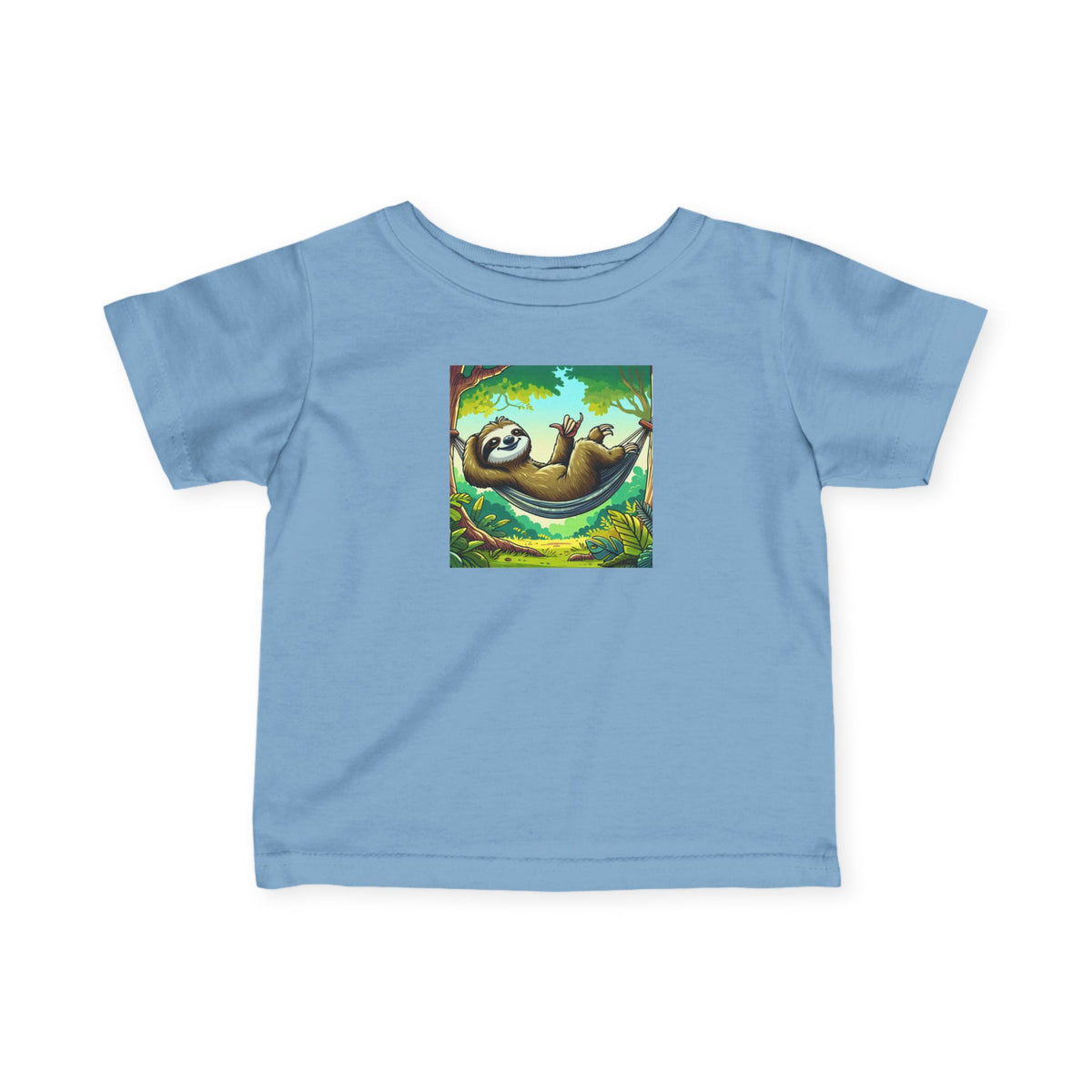 Cute infant baby tee with a sloth nap graphic, featuring a comfortable kids' shirt from Printify.