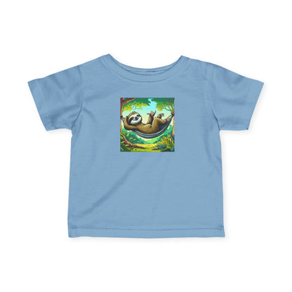 Cute infant baby tee with a sloth nap graphic, featuring a comfortable kids' shirt from Printify.