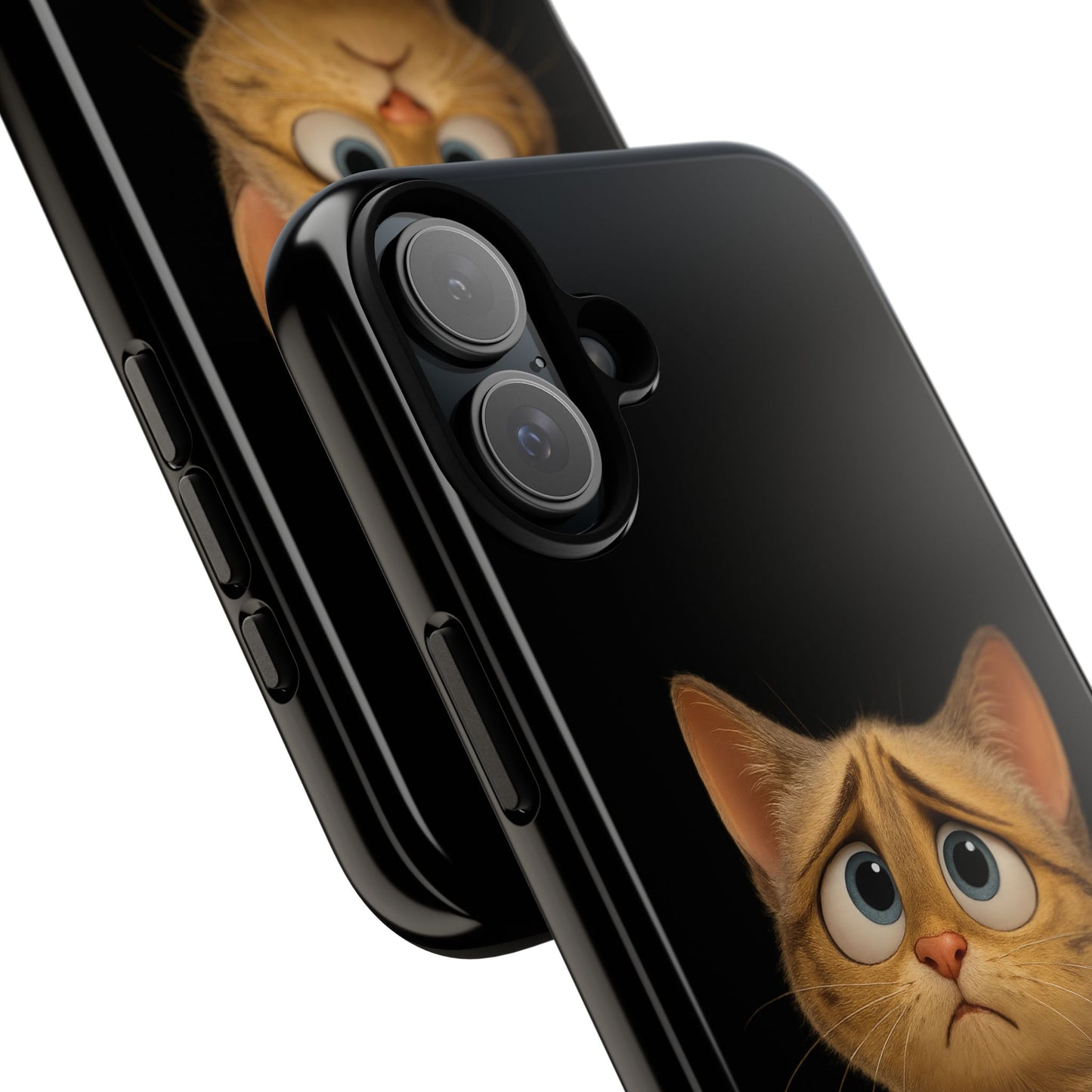 Cute sad kitty print phone case for iPhone, protective and stylish, featuring a cartoon cat design from Printify.