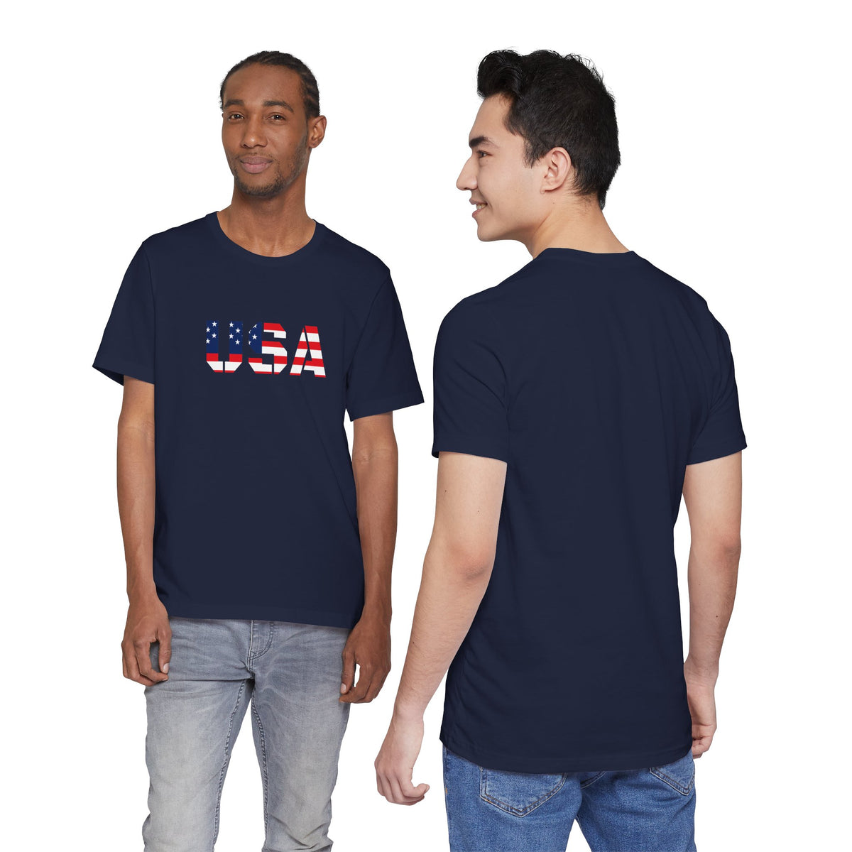 USA flag text T-shirt by Printify featuring patriotic design, perfect for Fourth of July celebrations, shown in front view.
