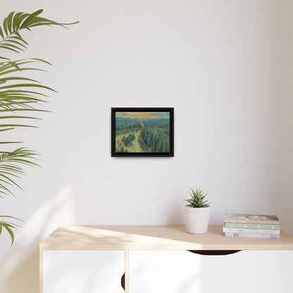 Framed matte canvas print of a peaceful winter forest landscape by Printify, showcasing snow-covered trees and serene scenery.
