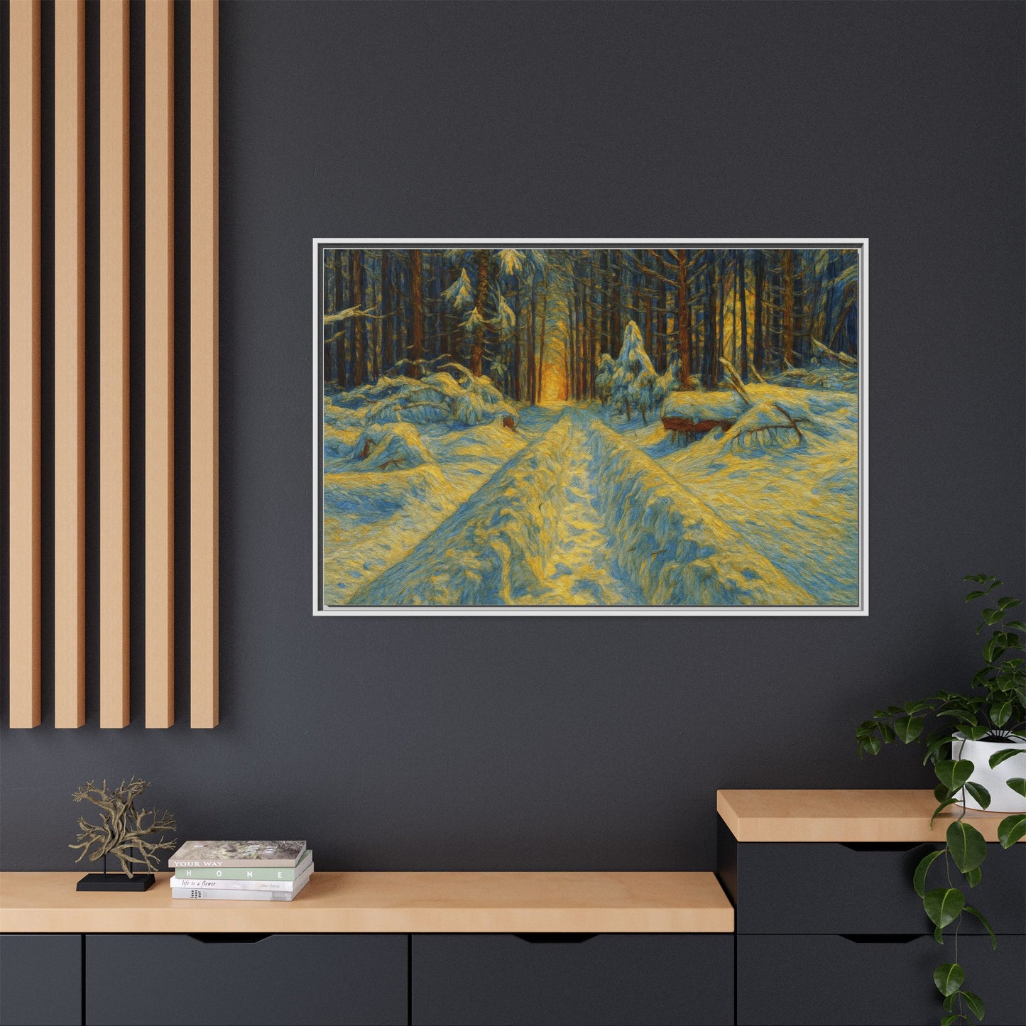 Framed matte canvas print of a snowy forest path at sunset, wall art by Printify featuring winter landscape scenery.